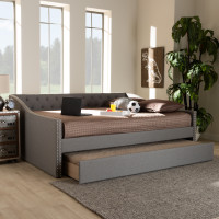 Baxton Studio CF9046-Light Grey-Daybed-F/T Haylie Modern and Contemporary Light Grey Fabric Upholstered Full Size Daybed with Roll-Out Trundle Bed